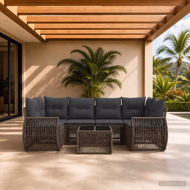 Set Divano da Giardino vidaXL 7 Pezzi a Forma di U Grigio con Cuscini e Tavolino da Caffè in Polyrattan e Metallo