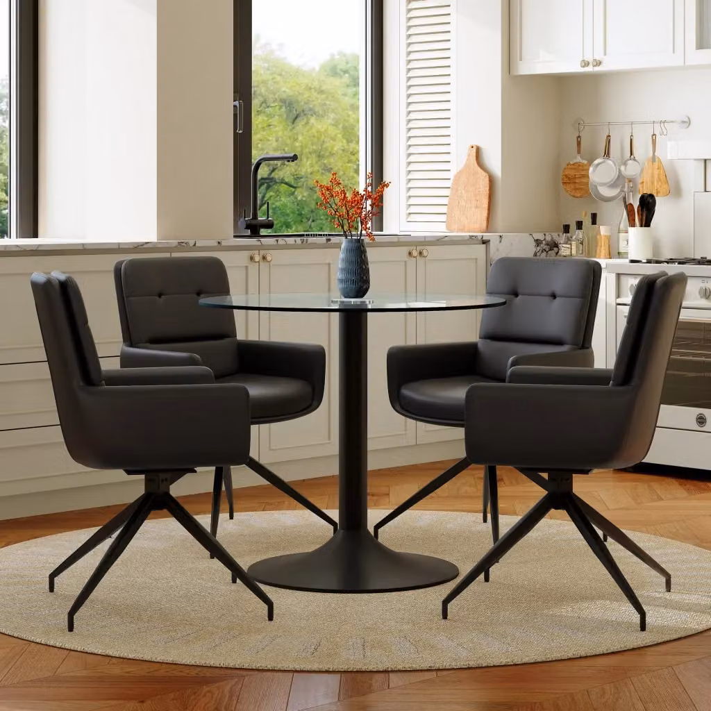 Set tavolo da pranzo rotondo Mivray con 4 sedie girevoli in vetro temperato e metallo, colore nero e trasparente – 2