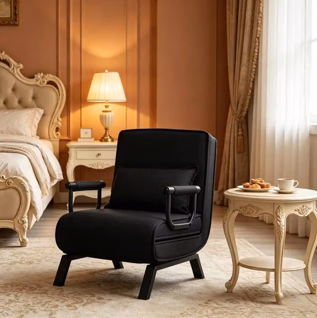 Poltrona Letto Pieghevole 3 in 1 Nera con Schienale Regolabile, 150 kg
