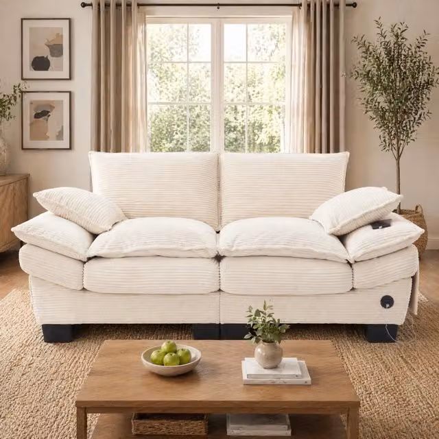 Divano a 2 posti REDOM in velluto a coste beige con ricarica USB-C, L: 190 cm, P: 73 cm, H: 84 cm