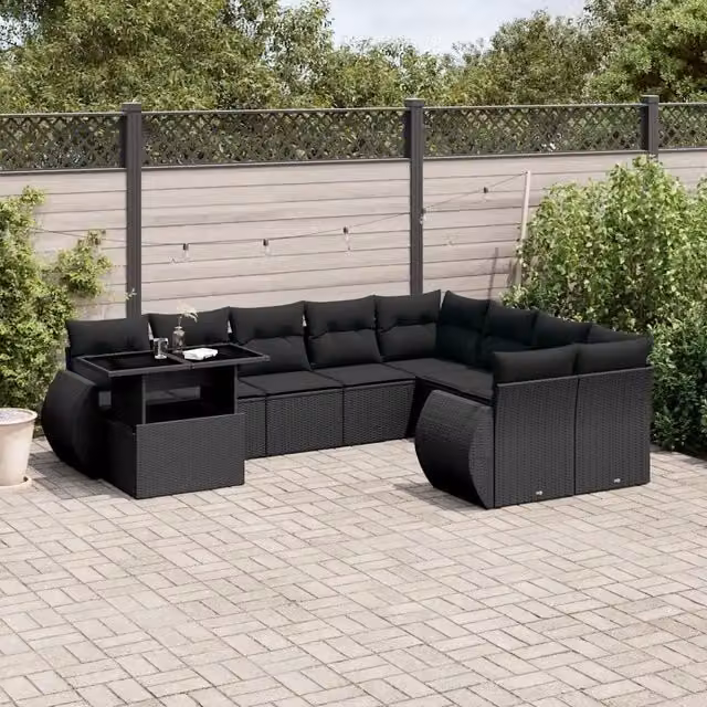 Set da giardino moderno vidaXL composto da 10 pezzi in rattan nero con cuscini inclusi e tavolino da caffè