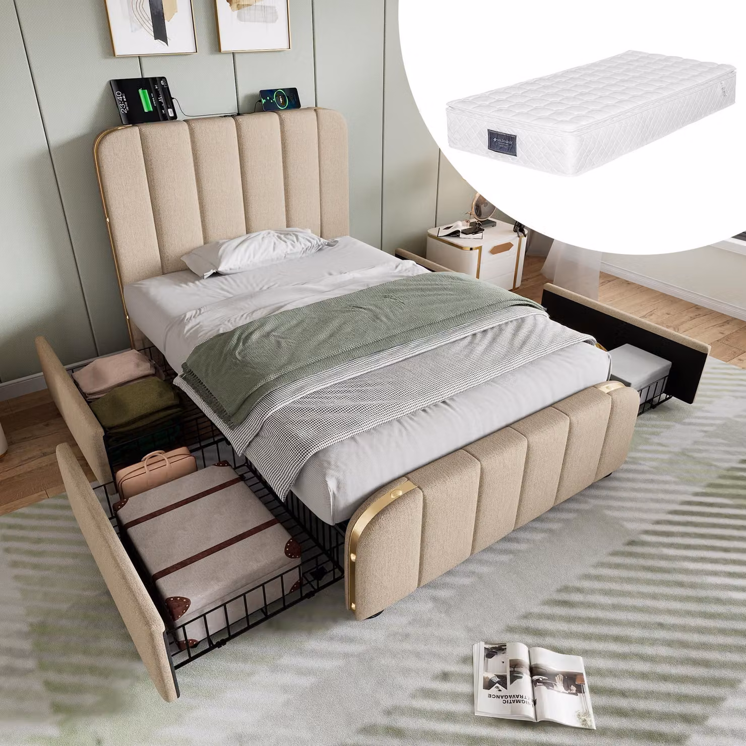 Letto imbottito 90 x 200 cm con 4 cassetti, funzione di ricarica USB e di tipo C, testiera imbottita con dettagli dorati, rete a doghe, colore beige