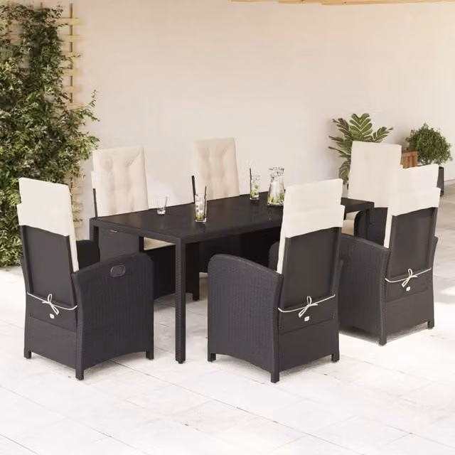 Set da Pranzo da Giardino 7 pz Nero con Cuscini in Polyrattan 3212200