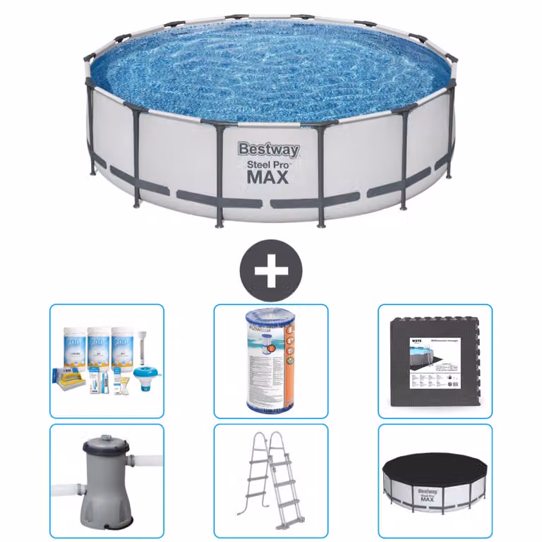 Piscina Bestway Round Steel Pro MAX - 427 x 107 cm - grigio - inclusa pompa - scala - pacchetto manutenzione copertura - filtro - piastrelle per il pavimento