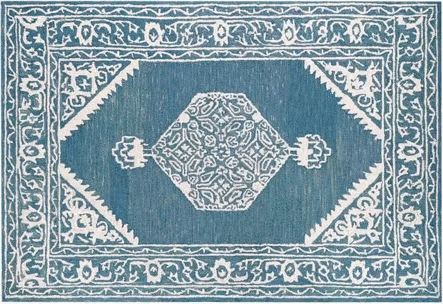 Tappeto Beliani in lana fatto a mano con motivo orientale moderno, bianco e blu, L: 200 cm, P: 140 cm