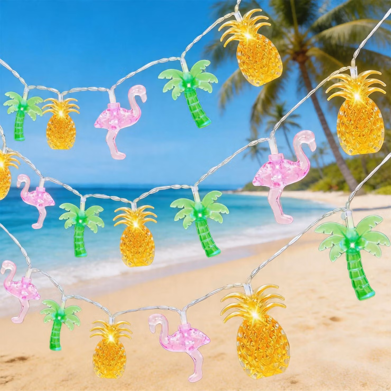 Catena luminosa a tema hawaiano, lunghezza 1,5 metri, 10 LED, con decorazioni di fenicotteri, ananas e palme