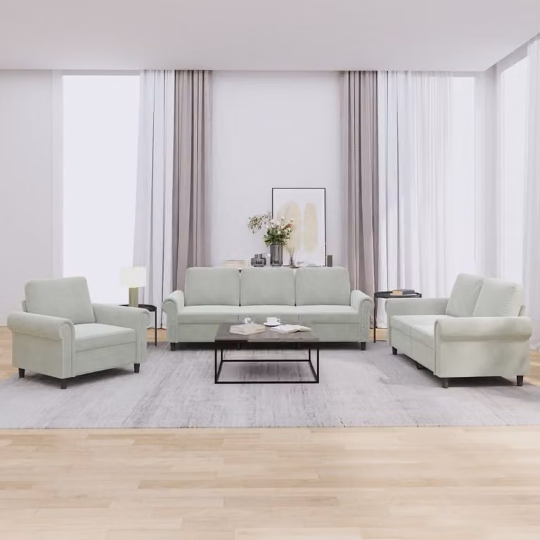 Set di Divani 3 Pezzi vidaXL in Velluto Grigio con Cuscini e Braccioli