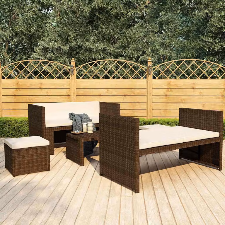 Set Divani da Giardino vidaXL 5 Pezzi a Forma di L con Cuscini e Tavolino, Polyrattan Marrone e Bianco con Struttura in Metallo