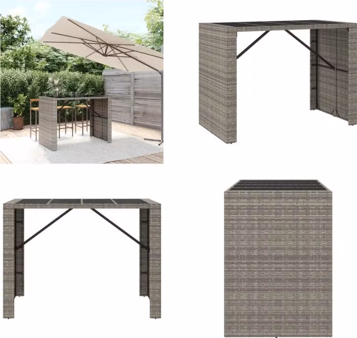 vidaXL Tavolo da bar con piano in vetro grigio 145x80x110 cm Poly Rattan - Tavolo da bar con piano in vetro - Tavoli da bar con piano in vetro - Tavolo da festa - Tavolo da bistrot