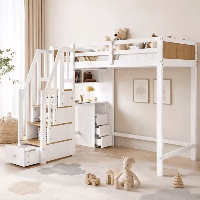 Letto a castello per bambini con scrivania e cassetti 205x153;5x166 cm; legno massello e MDF; bianco/naturale