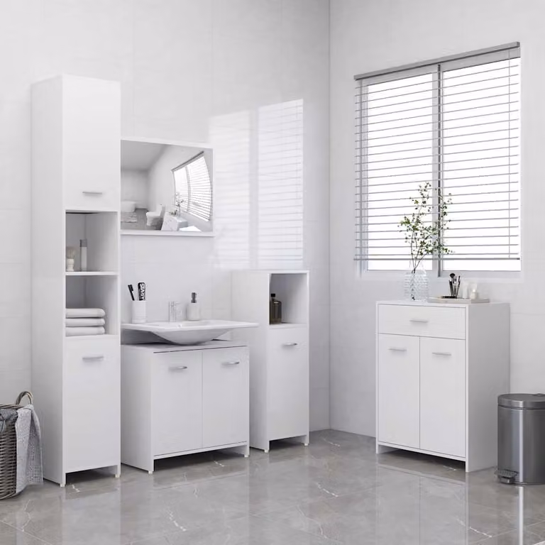 Set di mobili da bagno moderno vidaXL in 4 pezzi bianco opaco composto da base lavabo, pensile, mobile laterale e colonna alta