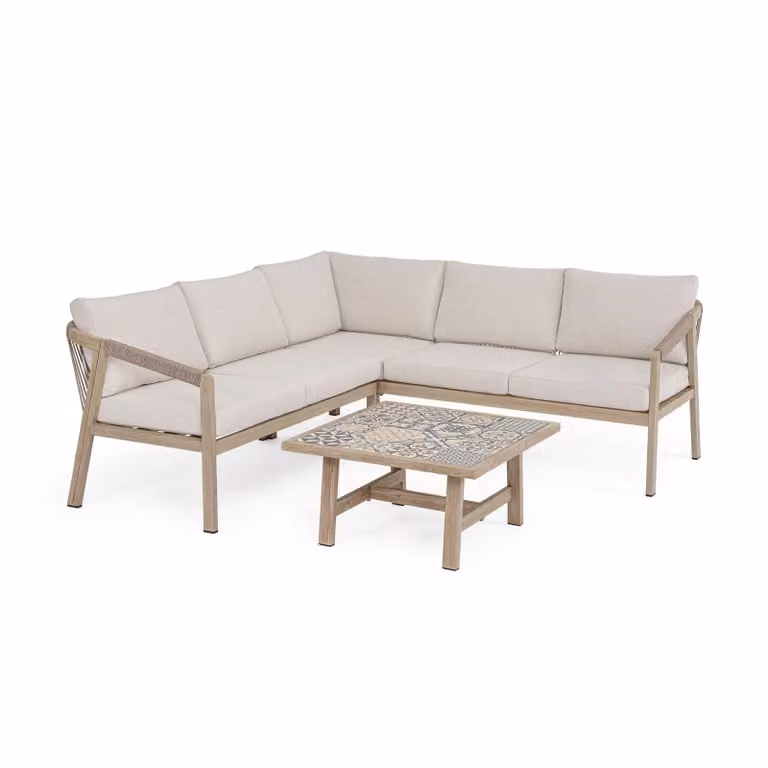 Set salotto angolare da giardino ALVOR con cuscini, intreccio in corda e struttura in alluminio effetto legno