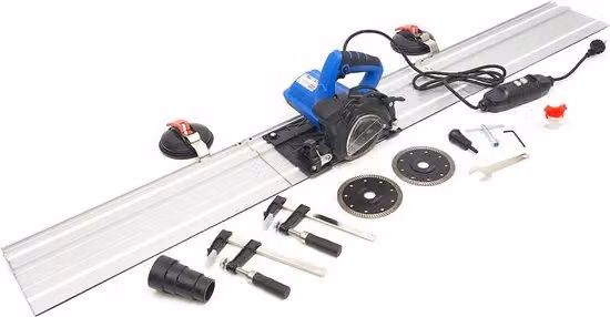 Sega circolare portatile Inval da 1400W con sistema di raffreddamento ad acqua, guida lineare da 3 x 500 mm e 3 lame da taglio diamantate