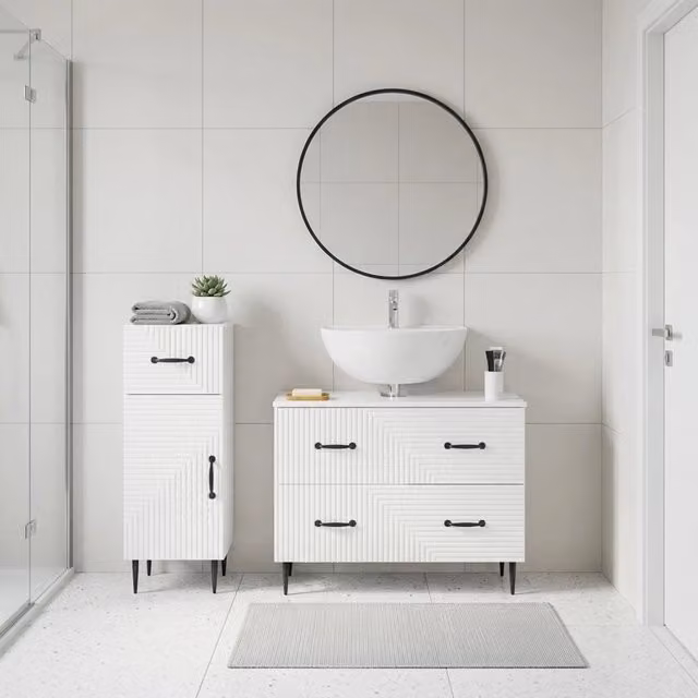 Set di mobili da bagno vidaXL composto da mobile lavabo e mobile contenitore, design moderno in legno bianco lucido, L/P/H: 82,0 x 33,7 x 59,0 cm e 41,0 x 33,7 x 82,0 cm