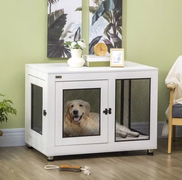 Cuccia per cani con piano tavolo, 2 porte, cuscino, bianco e nero, 94 x 60 x 71,5 cm
