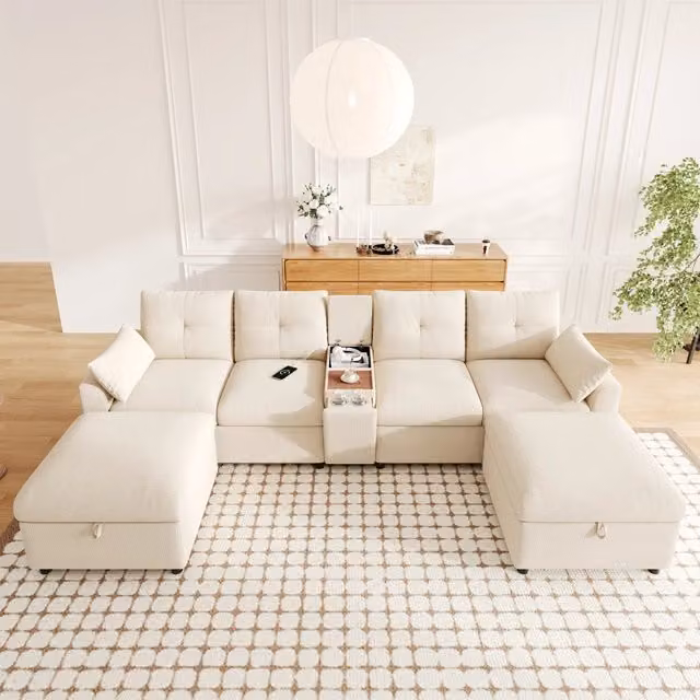 Divano angolare modulare 6 posti configurabile a U o a L con contenitori e USB; ciniglia beige
