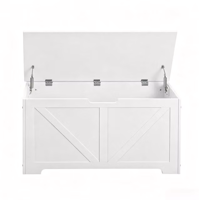 Panca contenitore per ingresso con coperchio a chiusura controllata e maniglie laterali in legno bianco, 100 × 40 × 47 cm