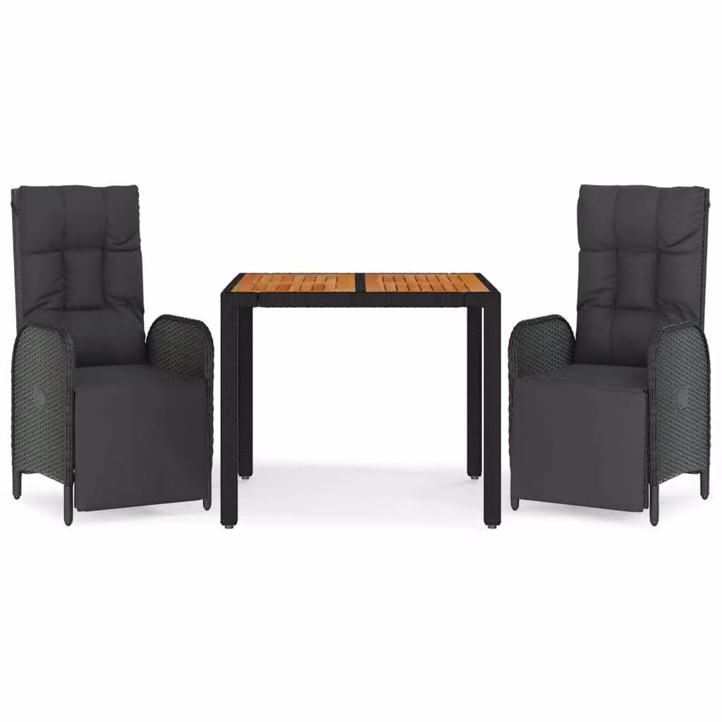 Set da Pranzo da Giardino 3 pz con Cuscini Nero in Polyrattan