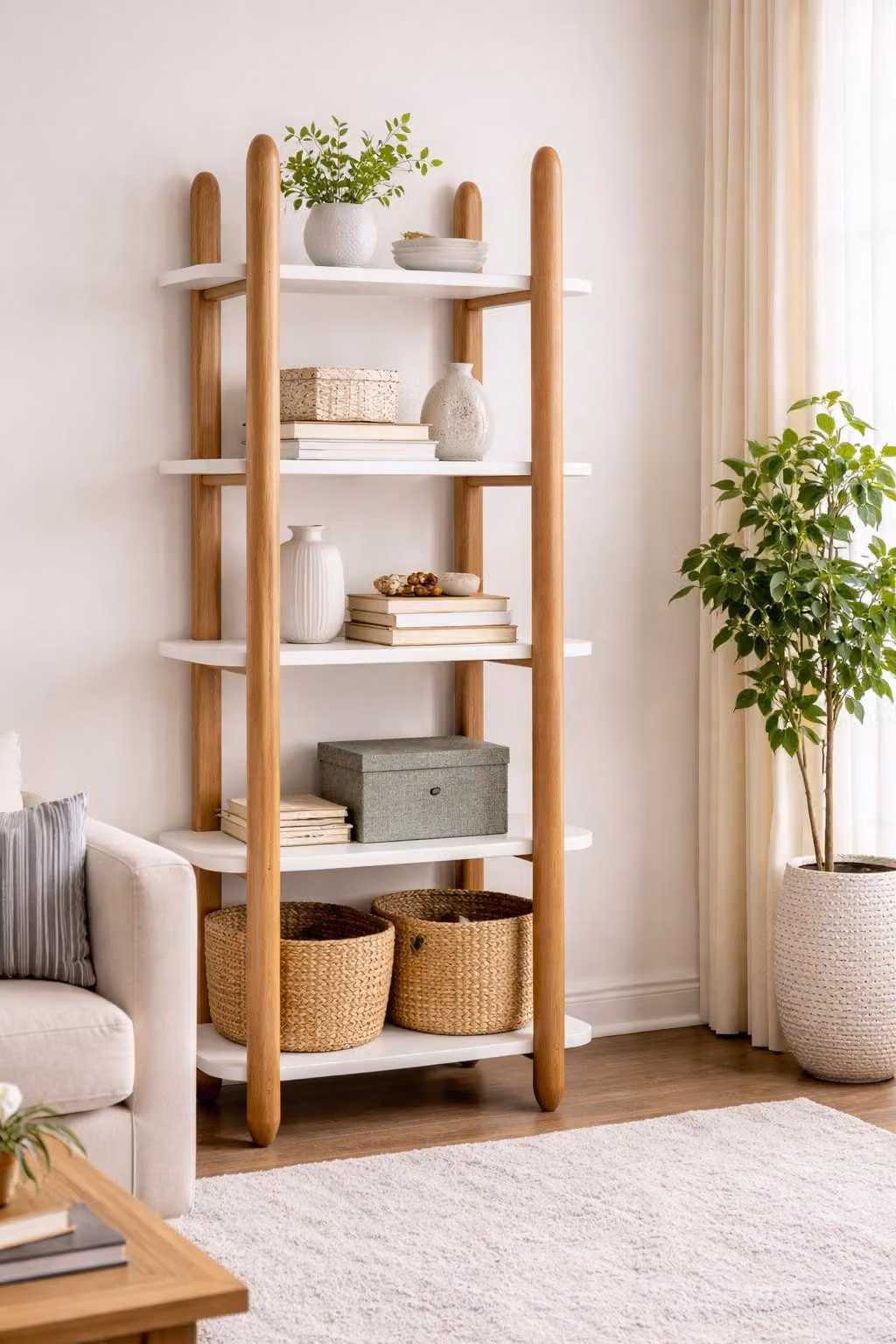 Libreria bianca e marrone, mobili di design per loft, scaffali in legno, mobili