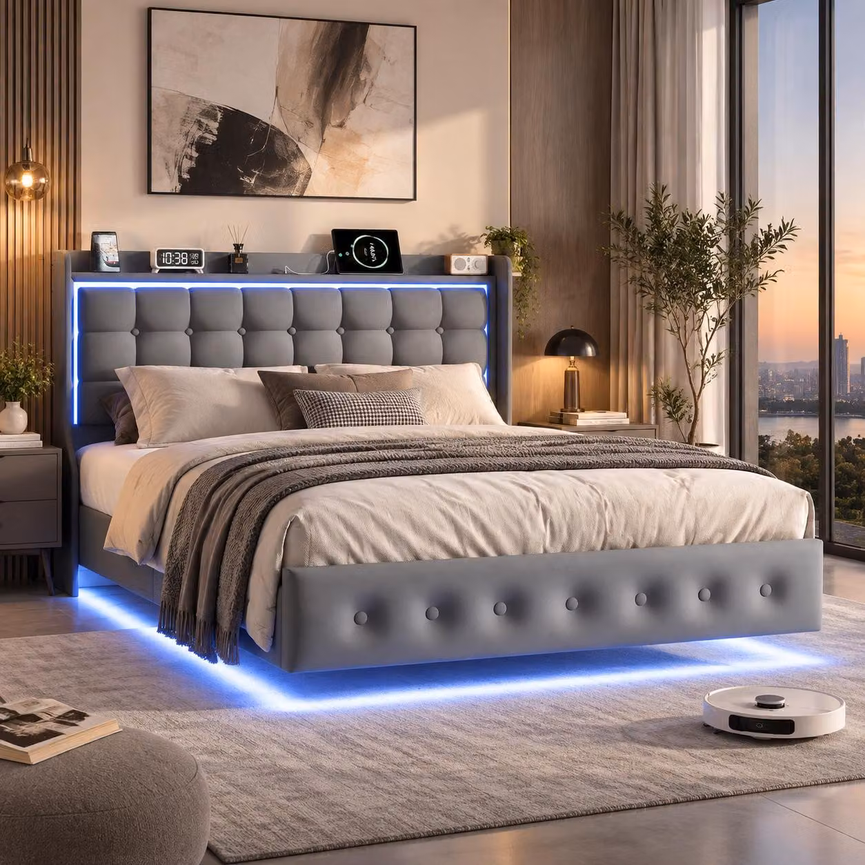 Letto imbottito INONEFT, 140x200 cm, letto per ragazzi con illuminazione LED, rete a doghe e testiera, struttura sospesa con 1 porta USB-C e 2 porte USB-A, rivestito in velluto, colore grigio