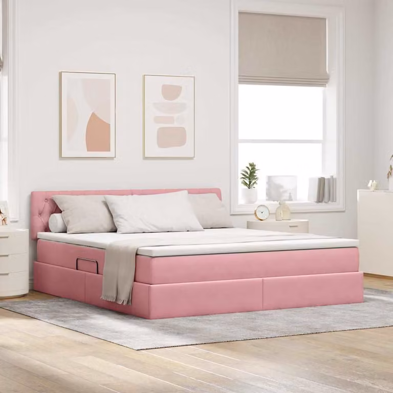 Letto con contenitore e illuminazione LED vidaXL in velluto rosa, L/P/H: 160 x 200 x 204 cm