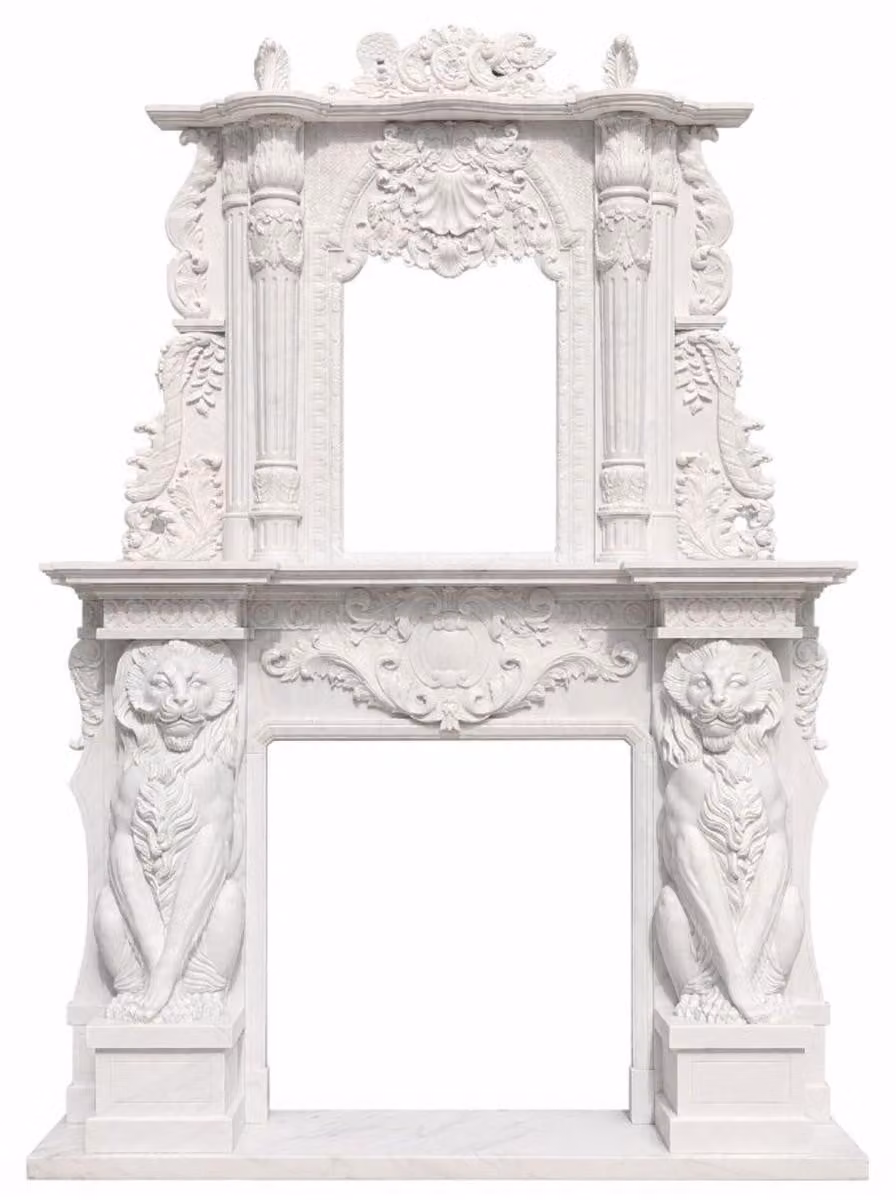 Cornice per camino in marmo bianco in stile barocco "Casa Padrino", dimensioni 300 x 430 cm - Arredamento per soggiorni e hotel in stile barocco