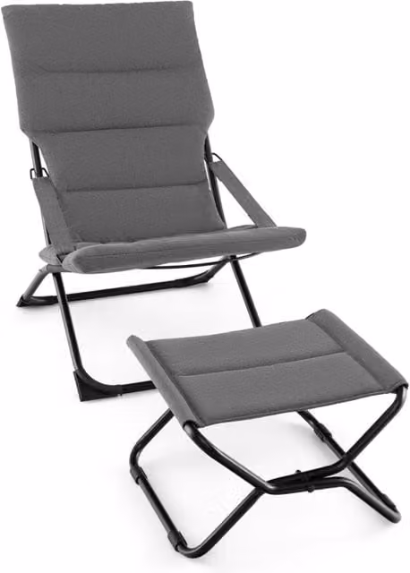 Sedia a sdraio pieghevole Design Mania con poggiapiedi e cuscino impermeabile in tessuto grigio e struttura in acciaio verniciato a polvere per giardino e balcone