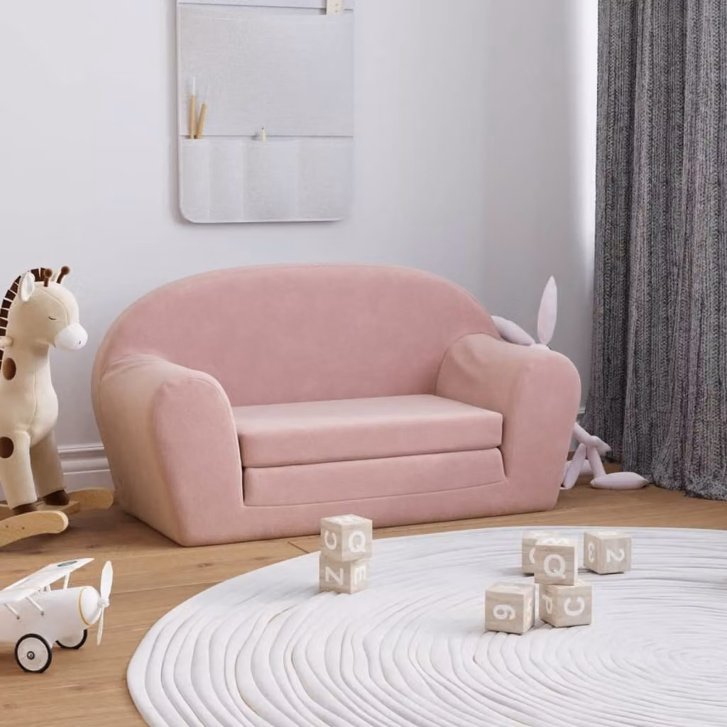 Divano letto per bambini, modello esclusivo, due posti, colore rosa, rivestito in morbido peluche