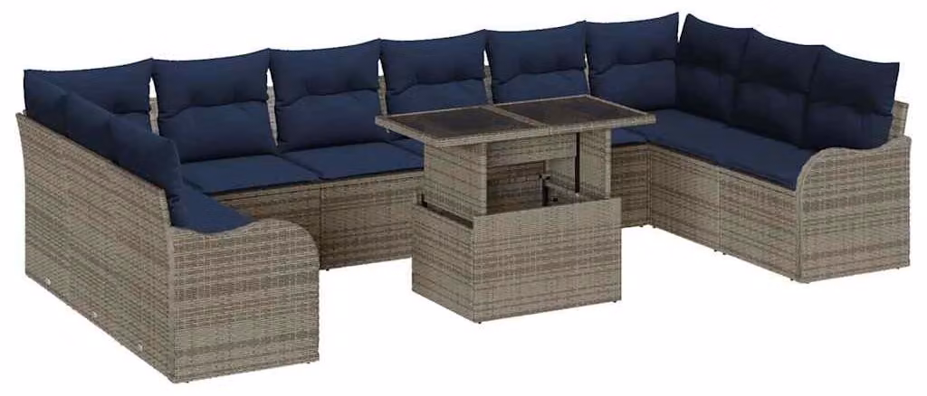 Set da giardino composto da 11 pezzi, colore grigio, realizzato in rattan sintetico