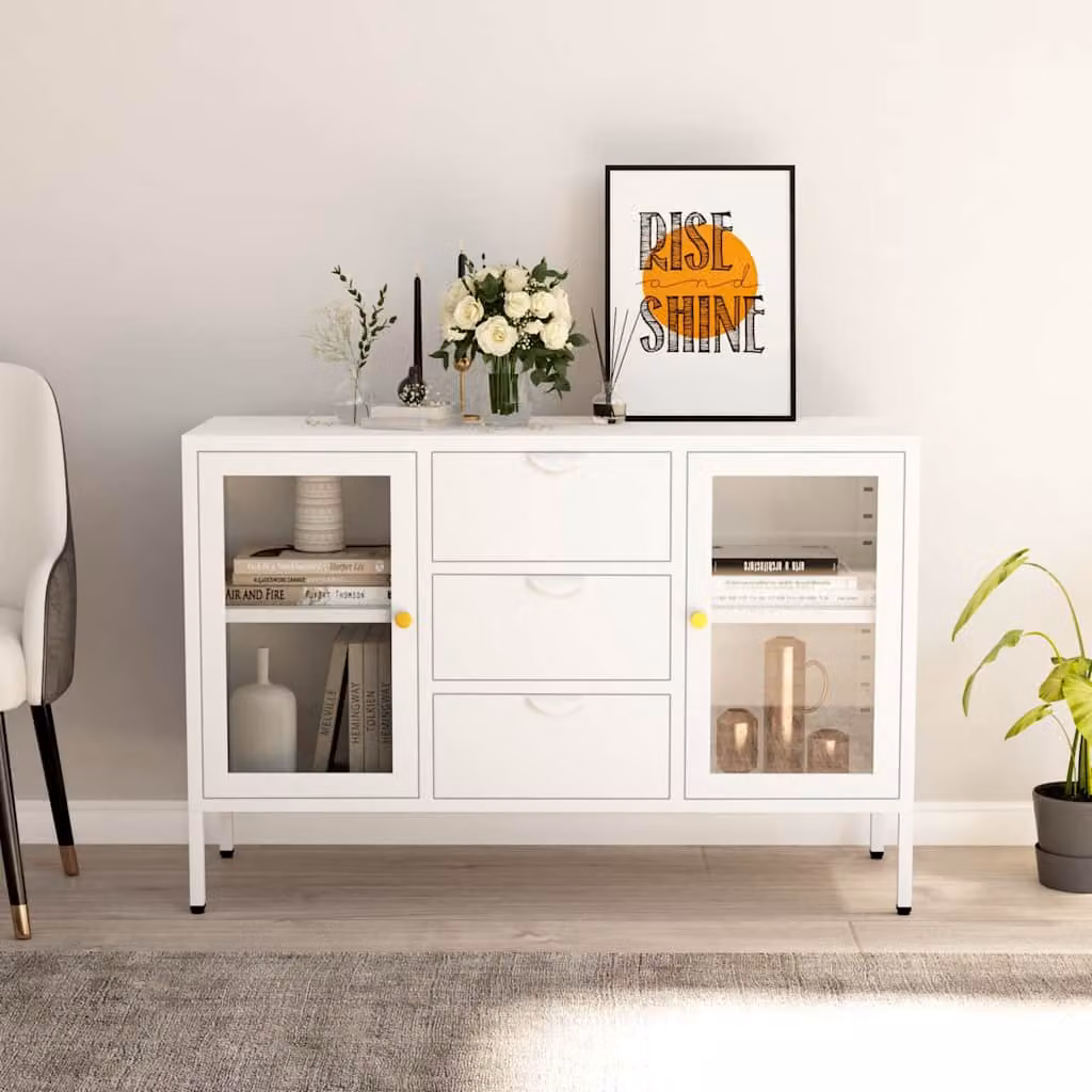vidaXL Credenza Bianca in Acciaio e Vetro Temperato L: 105 cm, P: 35 cm, H: 70 cm – 1
