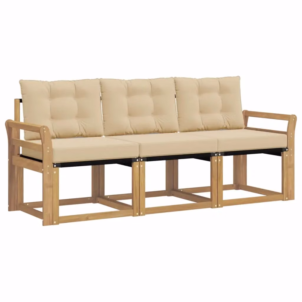 Set di divani da esterno 3 pezzi vidaXL in legno di acacia con cuscini bianchi e beige