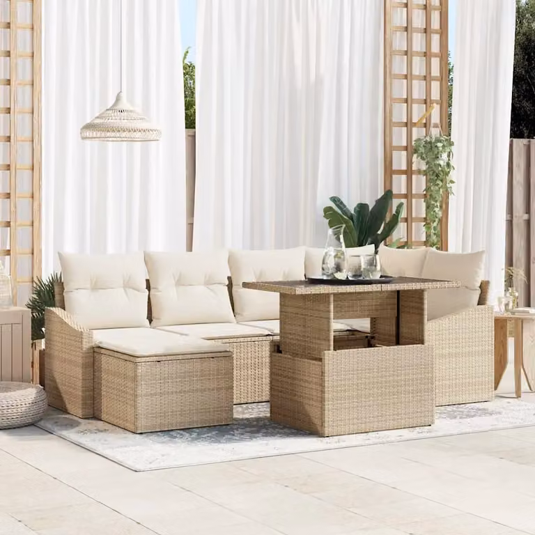 Set Divano da Giardino a L vidaXL in 7 Pezzi con Cuscini Beige e Bianco con Tavolino e Ottoman
