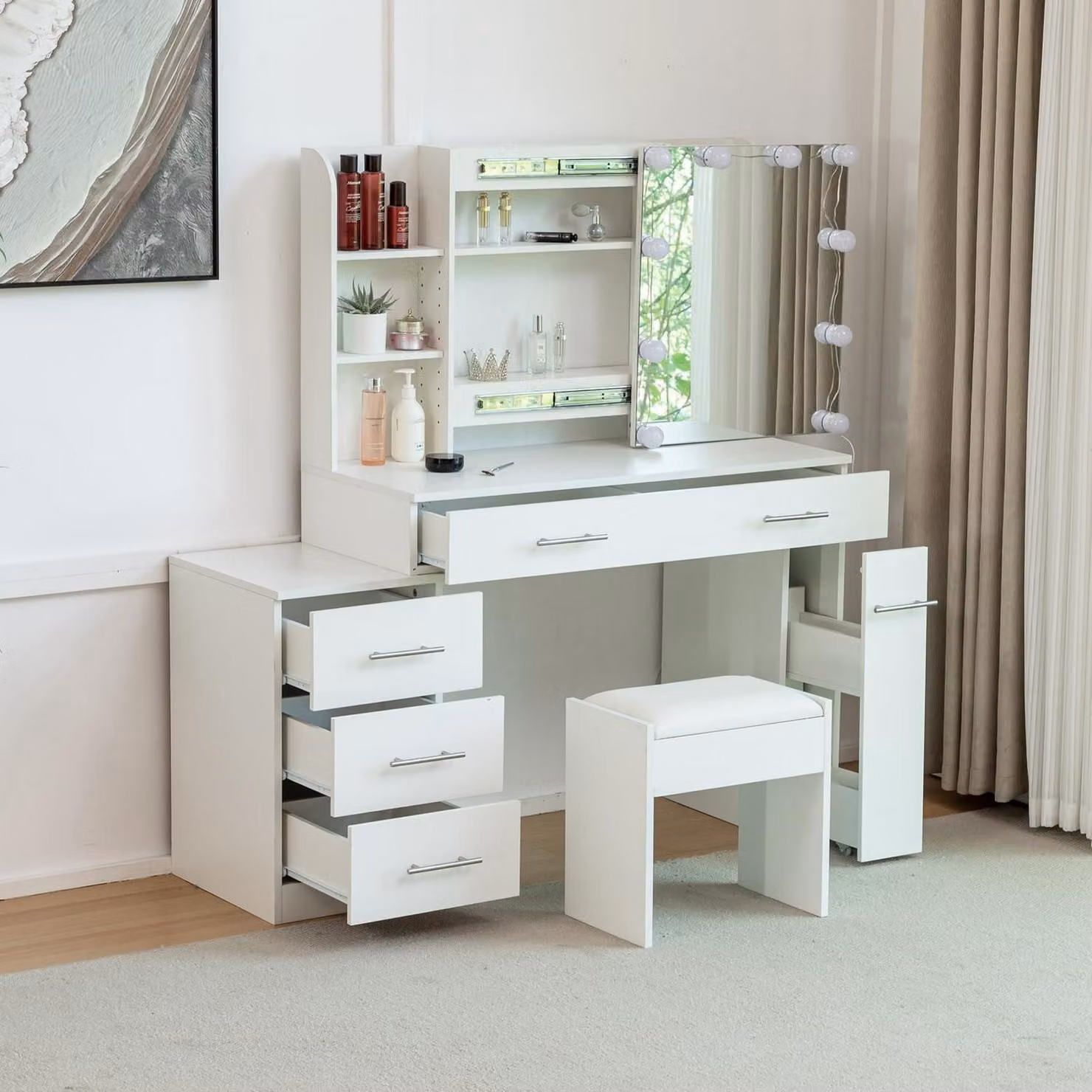 Comò da trucco con specchio scorrevole, 5 cassetti, ripiani aperti, sgabello, colore bianco