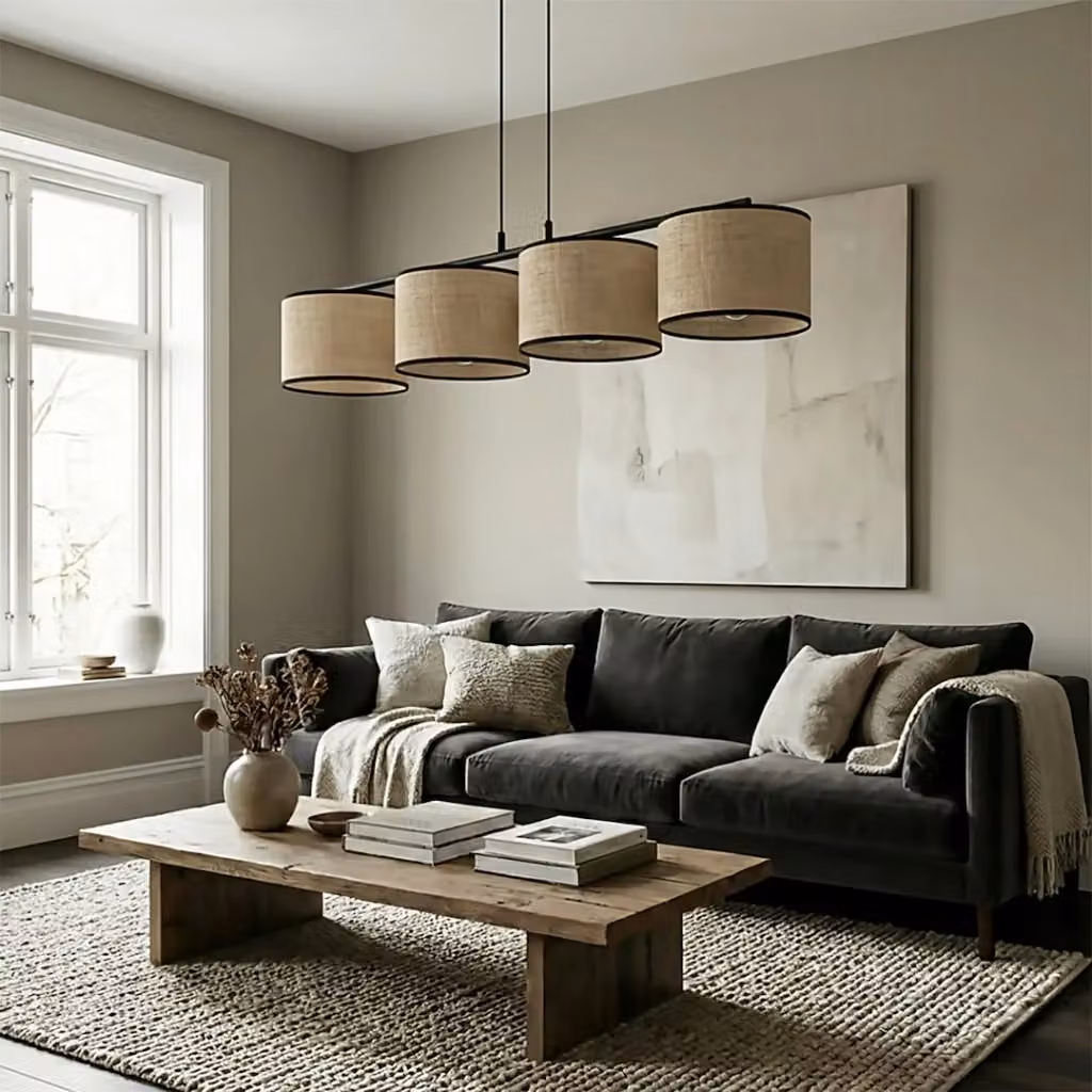 Lampada a sospensione boho Emibig in rattan e metallo beige e nero con 4 luci