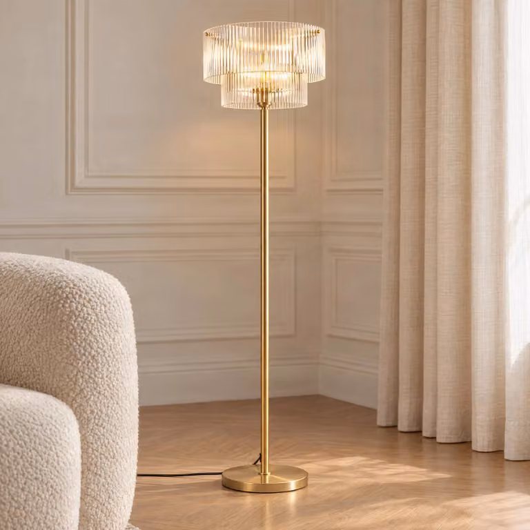 Lampada da terra Meritt Lucande, Ottone / Oro, Soggiorno / Sala da pranzo, Vetro, Moderno, Lampada da terra