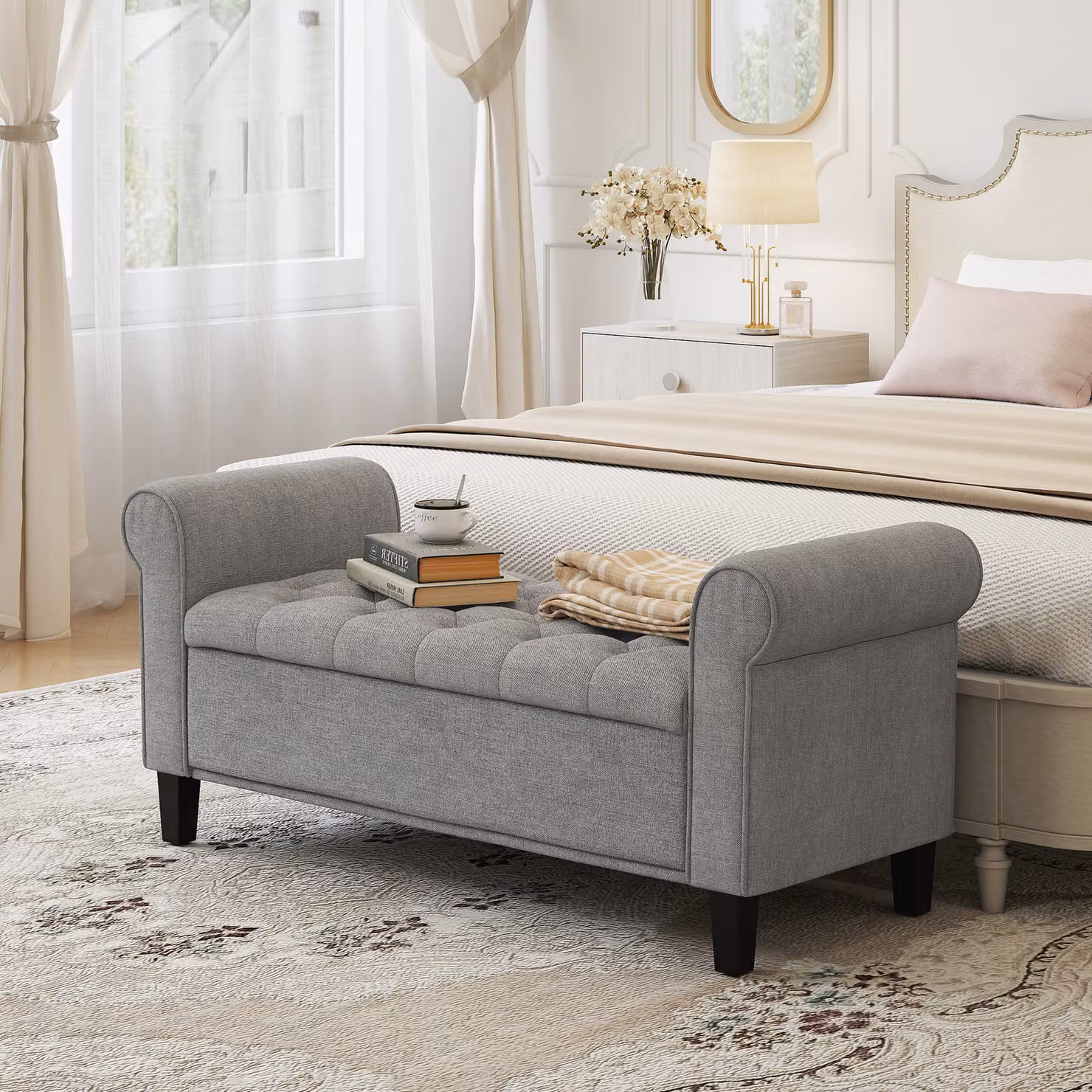 Panca fondo letto con contenitore e braccioli arrotolati in tessuto effetto velluto HOMCOM, Grigio Chiaro – 2