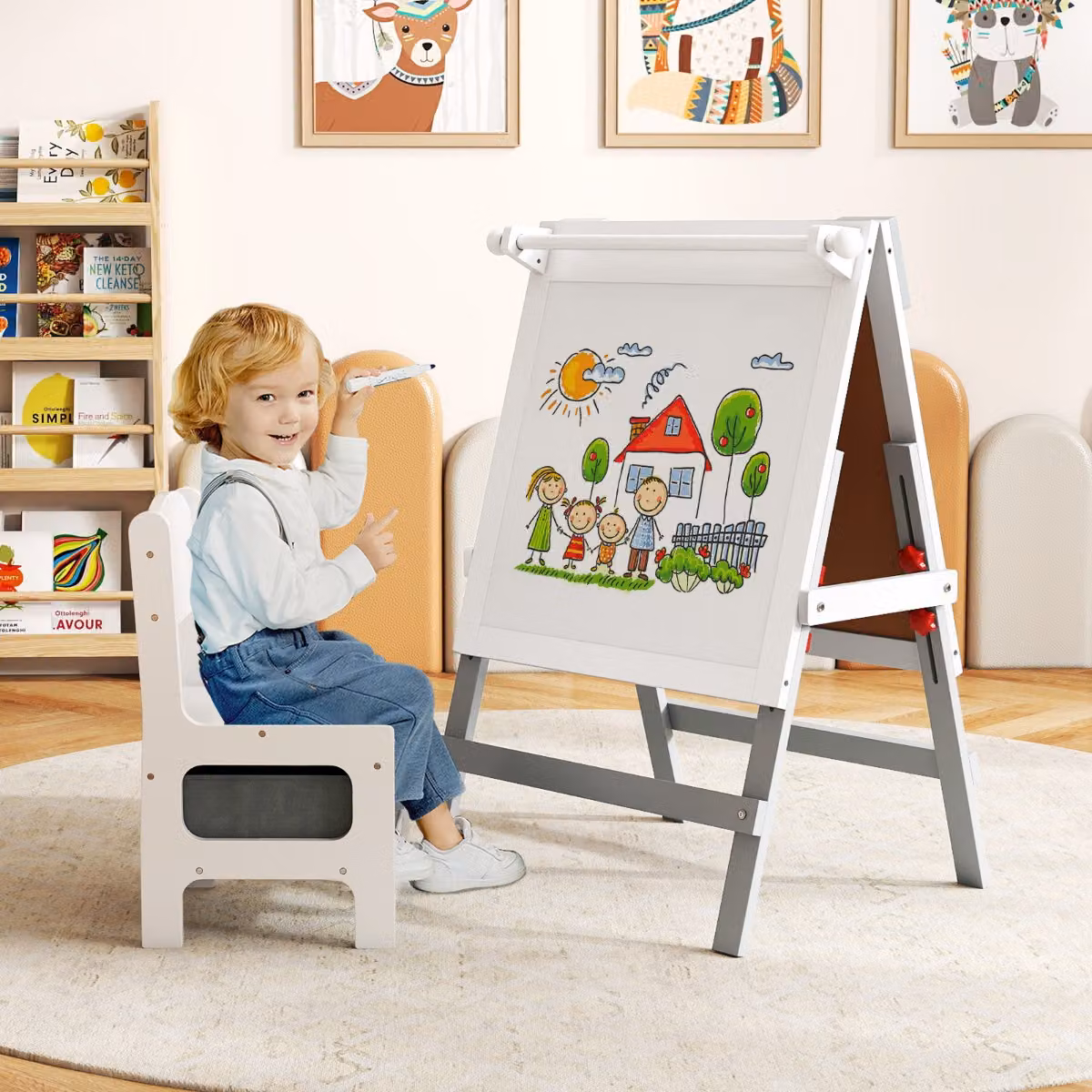 Cavalletto artistico doppia faccia Costway per bambini con sedia contenitore, regolabile in altezza, Grigio