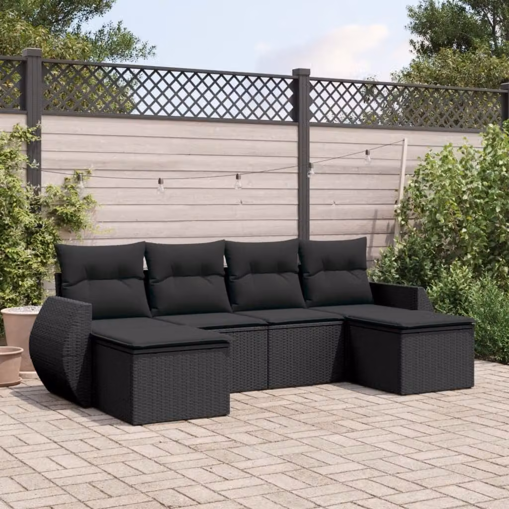 Set Divano da Giardino vidaXL 6 pz in Polyrattan Nero con Cuscini e Struttura in Metallo – 1