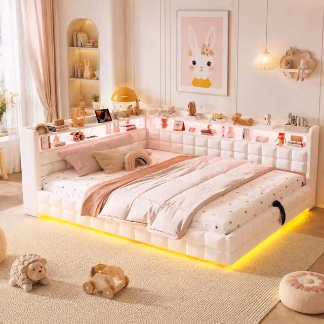 Divano letto imbottito 140 x 200 cm con contenitore idraulico; LED; prese USB e Type-C; beige