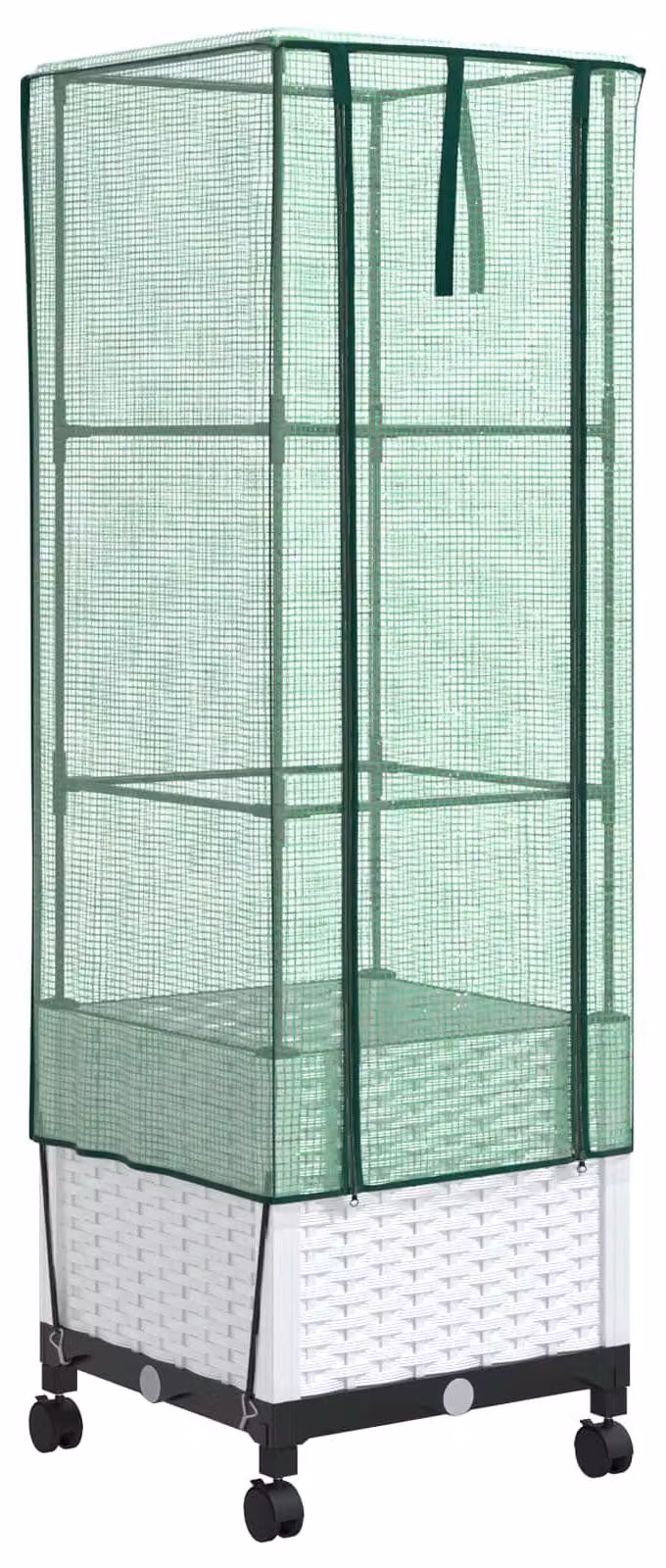 Vaso da giardino con copertura a serra e ruote, colore bianco, materiale: polipropilene