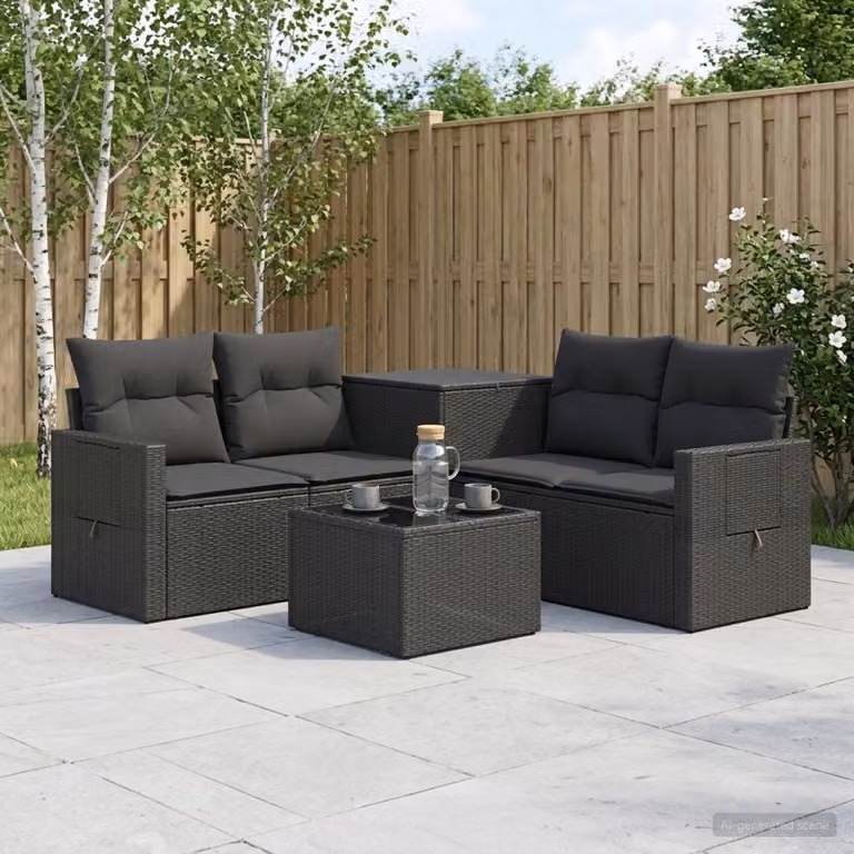 Set di divani da giardino vidaXL 6 pezzi in polyrattan e acciaio nero con tavolo da caffè e cuscini inclusi