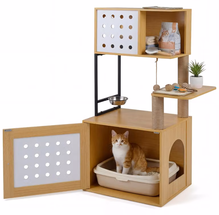 COSTWAY: tiragraffi con mobile per lettiera, mobile per lettiera, casetta per gatti in legno, tiragraffi con mangiatoia, pali in sisal e tappetini da graffiare