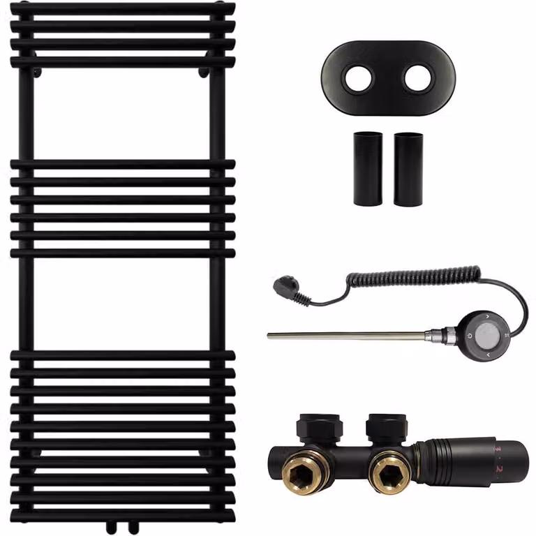 CERANO - Set radiatore da bagno Luigi - riscaldamento combinato, asta Wi-Fi - attacco centrale da 50 mm - 545 W - nero opaco - 1200 x 500 mm