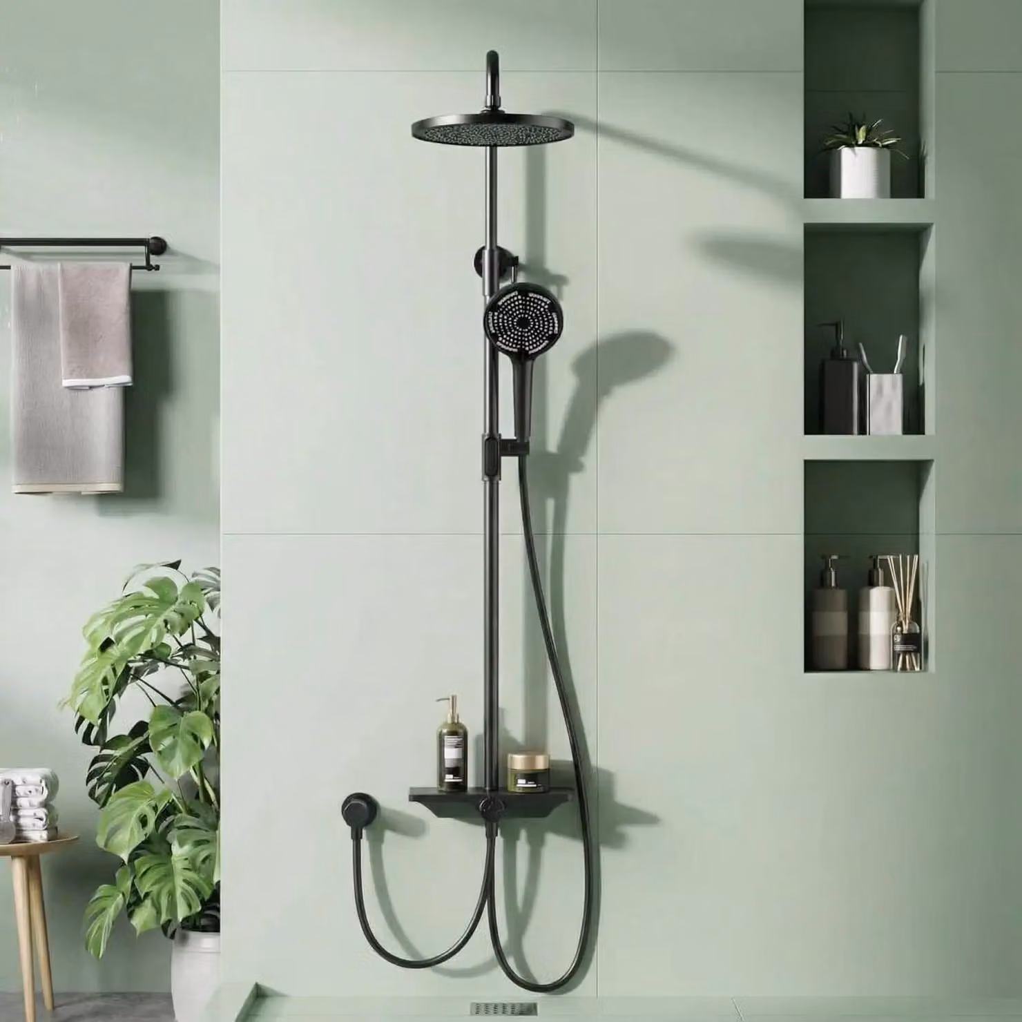 Sistema doccia per vasca - Miscelatore termostatico a parete - 3 modalità (doccia a pioggia e doccetta) - Regolazione termostatica - Lega di zinco - Nero