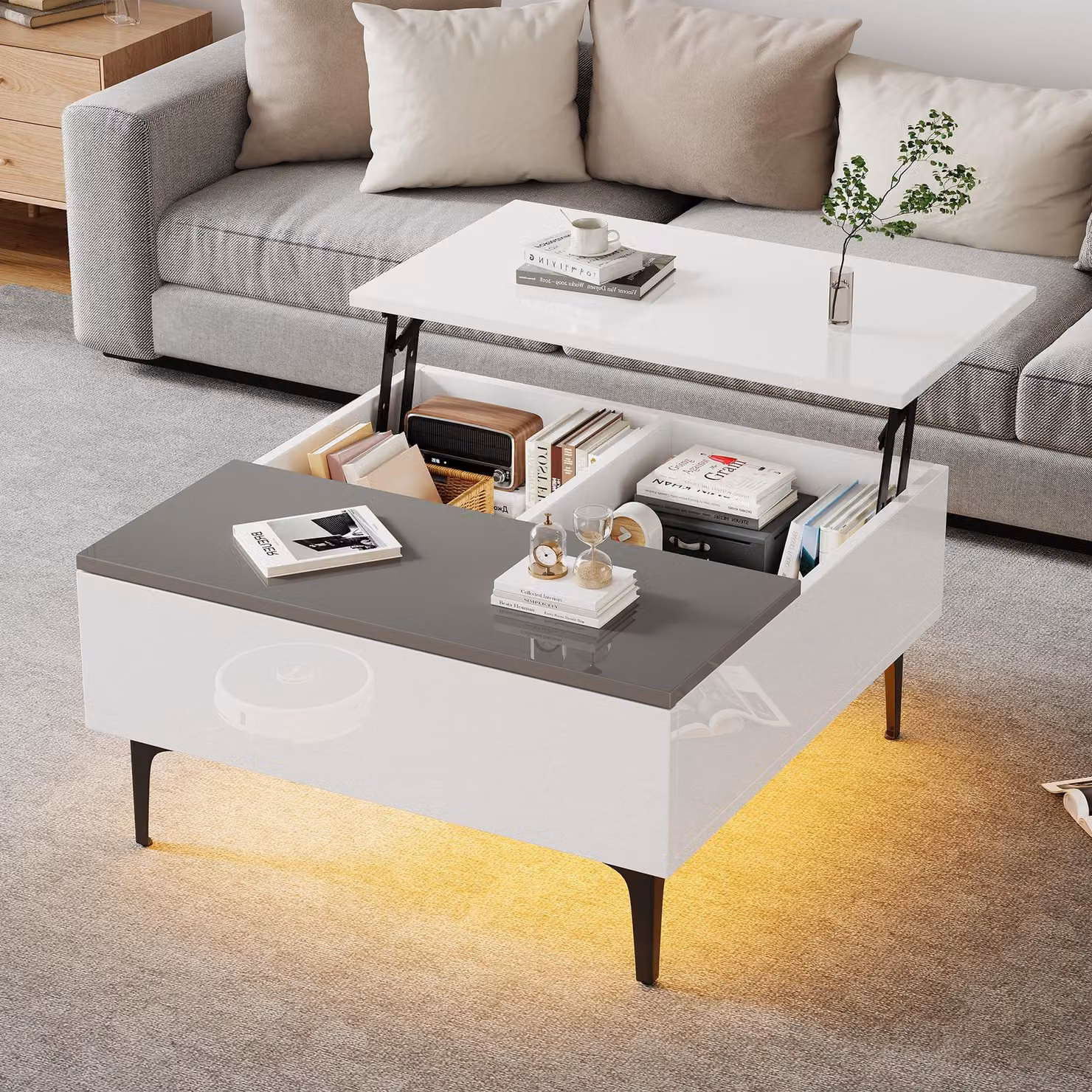 Tavolino LED Merax con funzione di sollevamento 70x70cm, tavolino regolabile in altezza con vano portaoggetti, luce RGB con controllo tramite app, bianco lucido