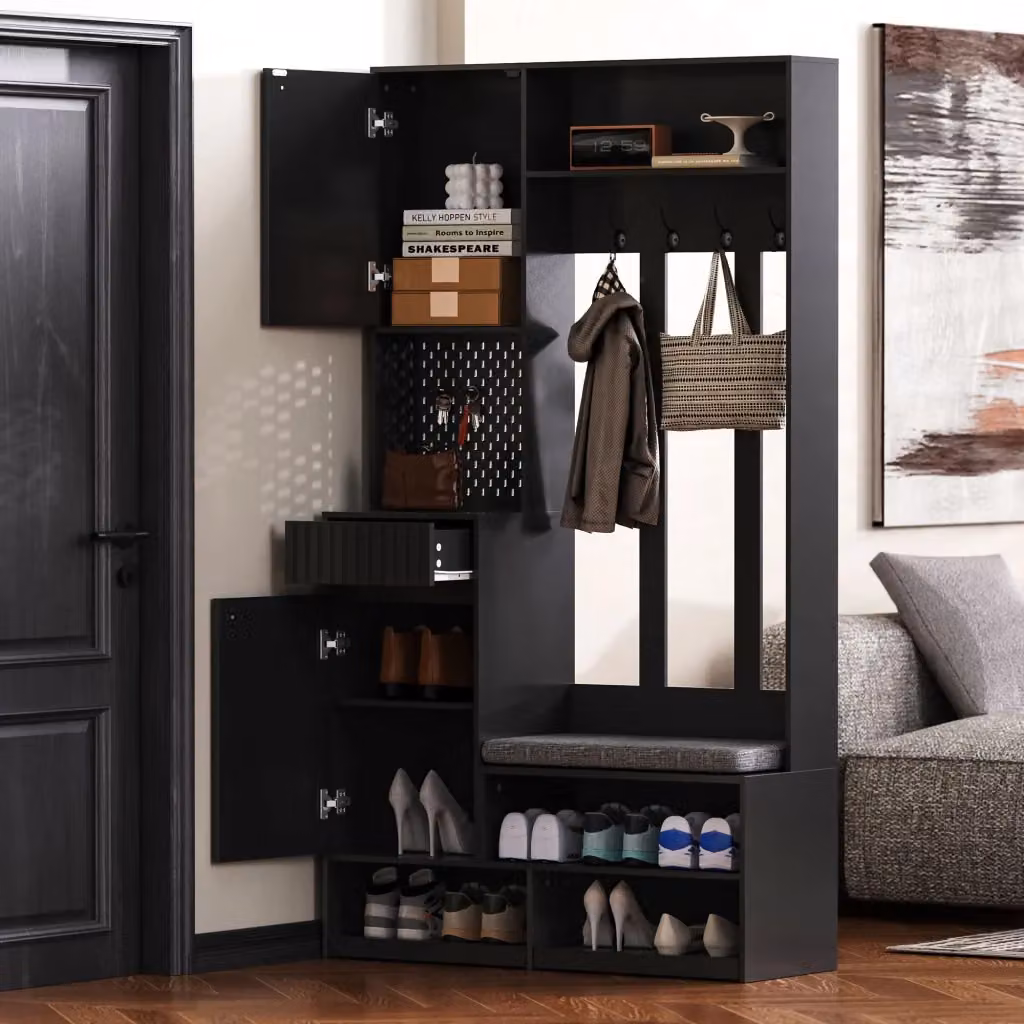 Mobile da ingresso OKWISH con panca imbottita, 4 ganci e vani porta scarpe in MDF nero, L/P/H: 100 x 35 x 180 cm – 2