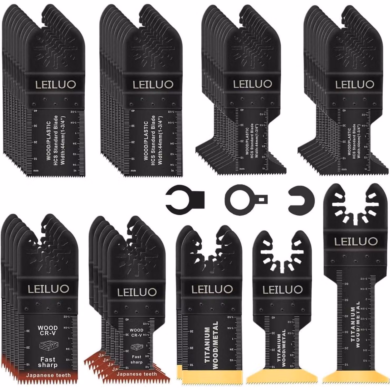 Set di accessori per utensile multifunzione, 50 pezzi, per legno, chiodi, cartongesso, accessori per seghe oscillanti, con custodia. Compatibile con DeWalt, Makita, Dremel (adattatore incluso)