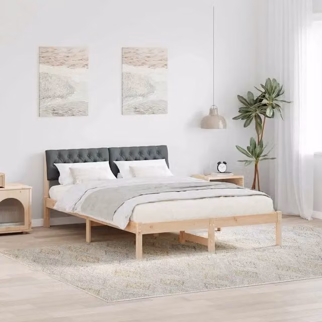 Struttura del letto moderna vidaXL in legno di pino e tessuto, marrone e grigio, L/P/H: 140 x 200 x 87,5 cm – 1