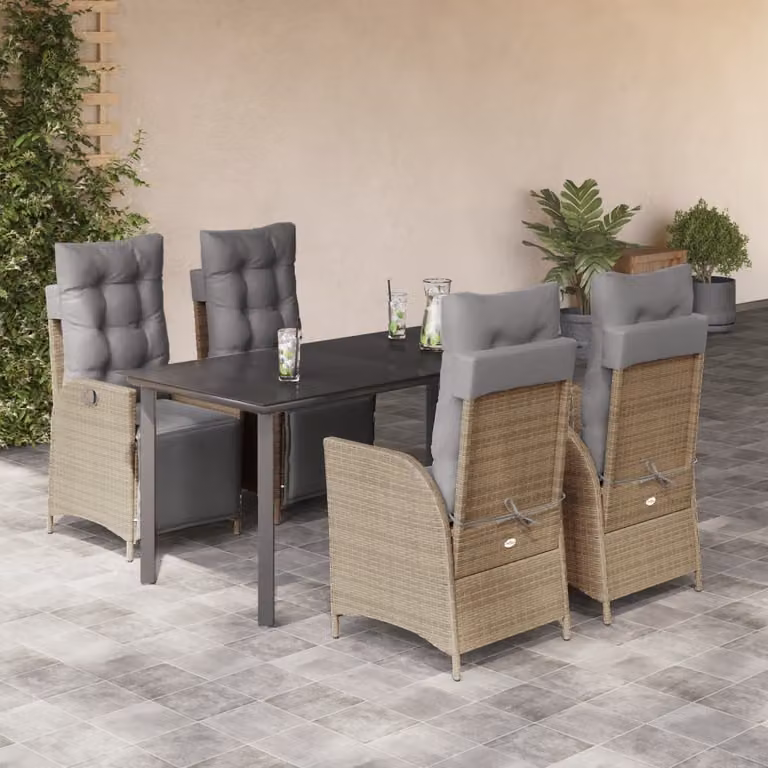 Set Pranzo da Giardino vidaXL in Polyrattan con Cuscini Beige Misto e Tavolo in Vetro, 5 Pezzi