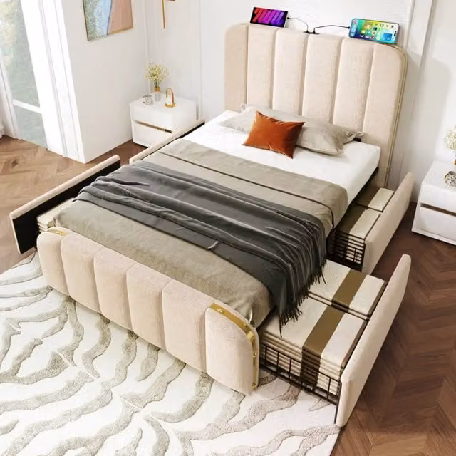 Letto singolo 90x200 cm con 4 cassetti; USB e Type-C; rivestimento in lino beige